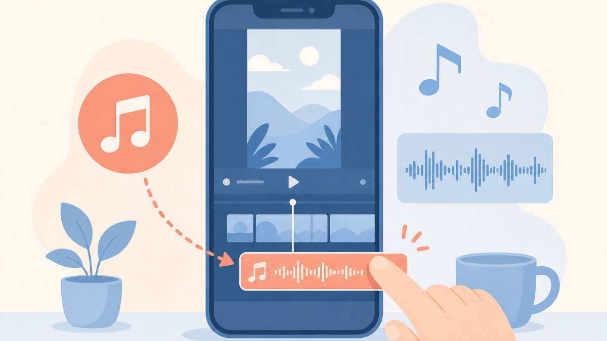 スマホでリール作成画面の音楽アイコンをタップしようとしている様子
