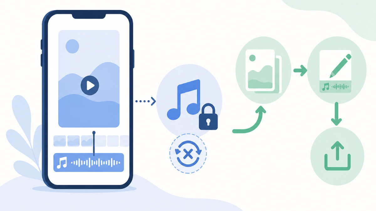 スマホでインスタのリール画面を開き、音楽アイコンを困った表情で見つめている様子
