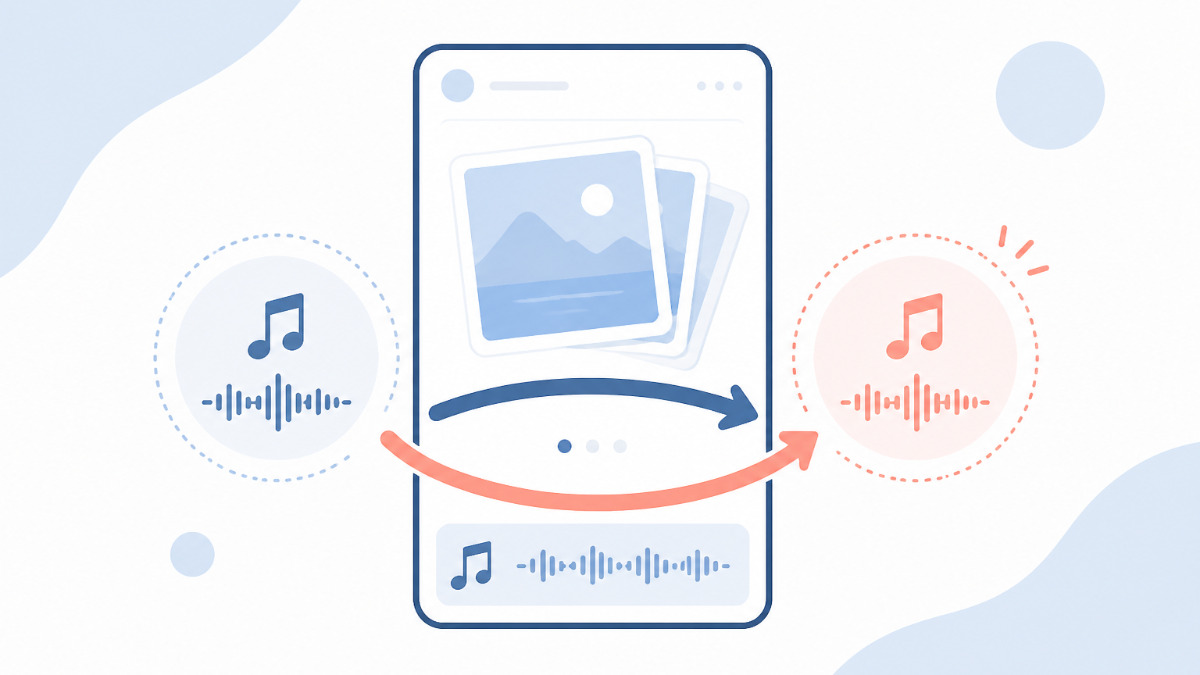スマホでインスタの投稿編集画面を開き、新しい曲を選んでいる様子