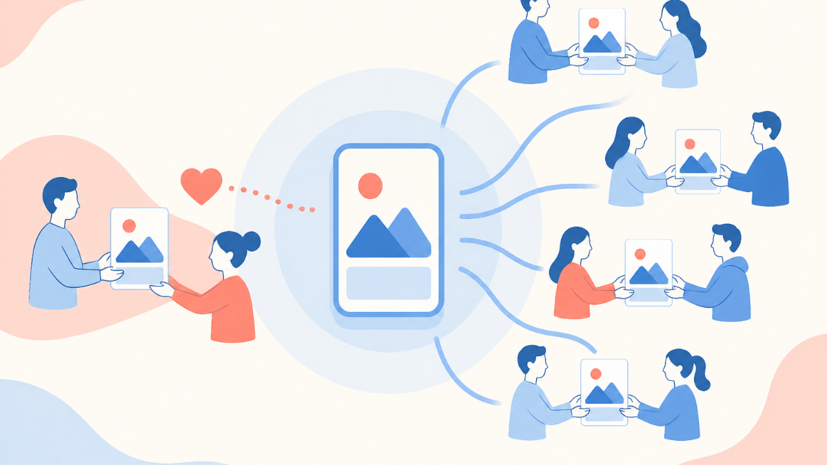 スマートフォンで見た投稿を友だちにDMで送ろうとしている女性のイラスト