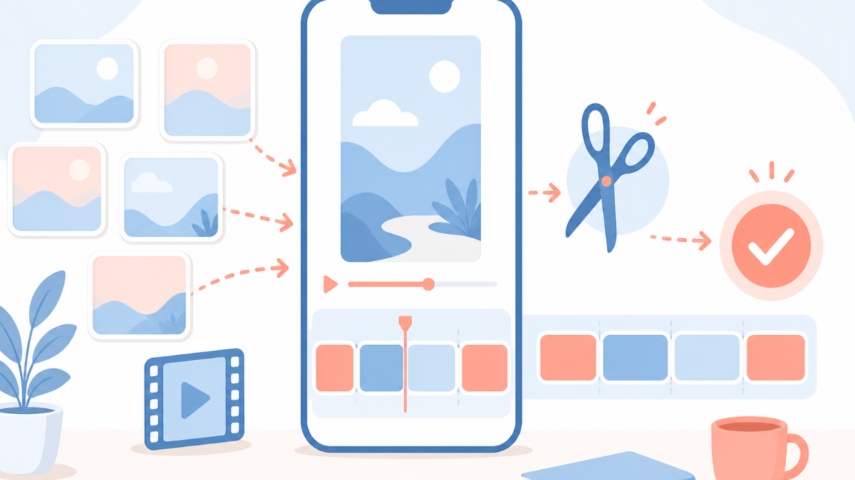 スマホでリールの複数クリップを選び、First Draftで自動編集された下書きを確認している人のイラスト