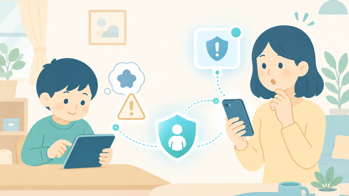 スマートフォンに届いた見守りの通知を、親がリビングで静かに確認しているイラスト