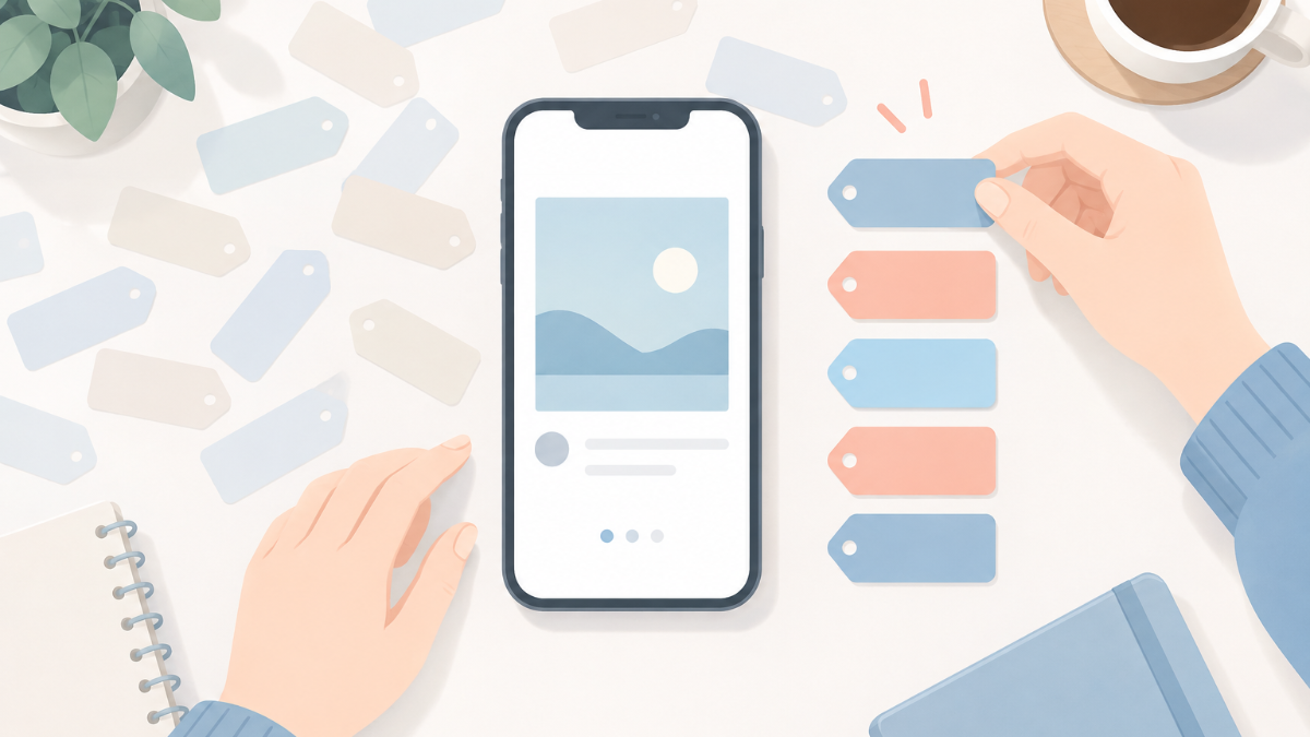 スマホでインスタの投稿画面を開き、ハッシュタグを5個だけ選んで入力している手元のイラスト