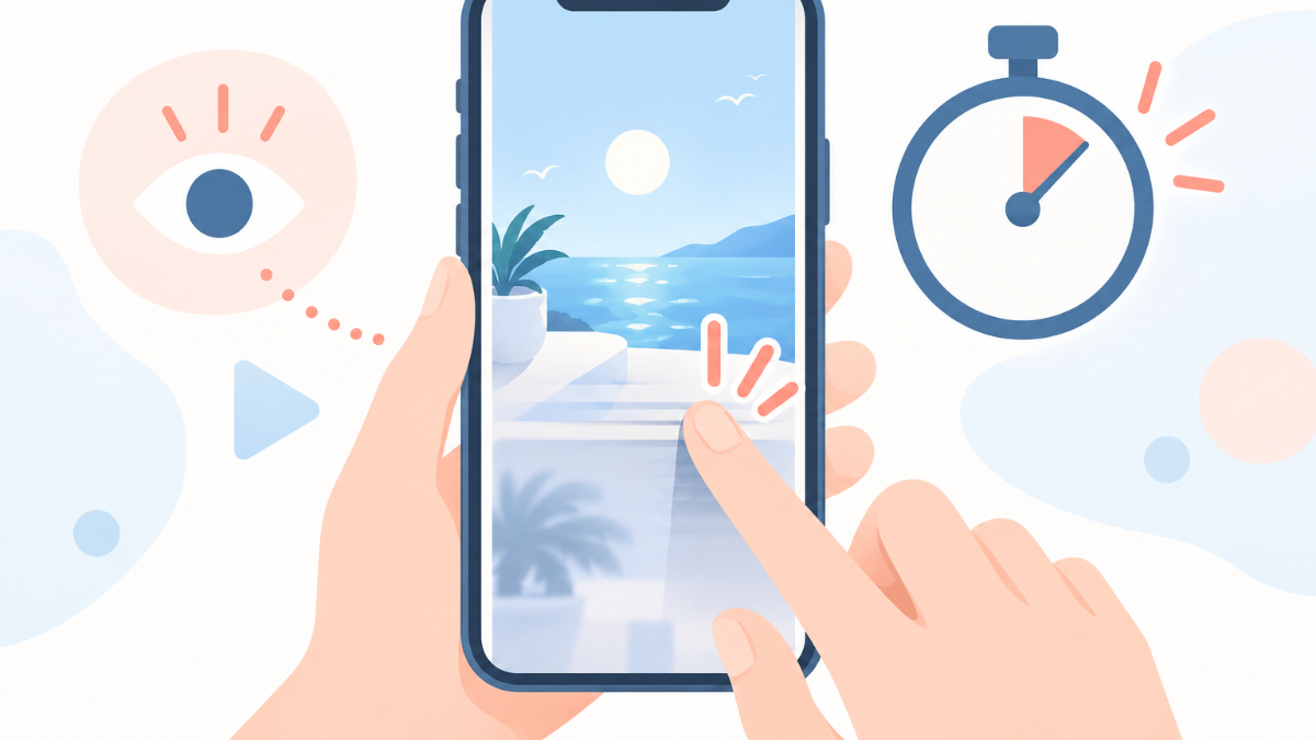スマホでリールの冒頭に「40代から写真が老けて見える人へ」という文字を入れて編集している手元のイラスト