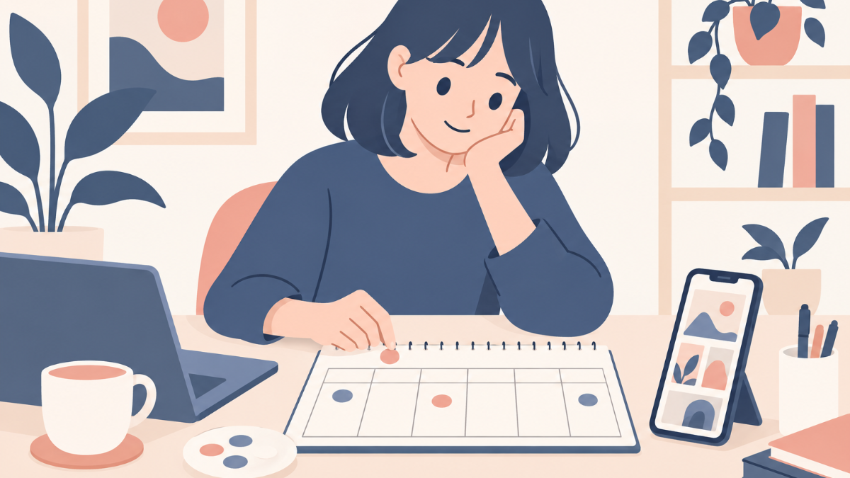 カレンダーに無理のない投稿予定を書き込んでいる、落ち着いた雰囲気のイラスト
