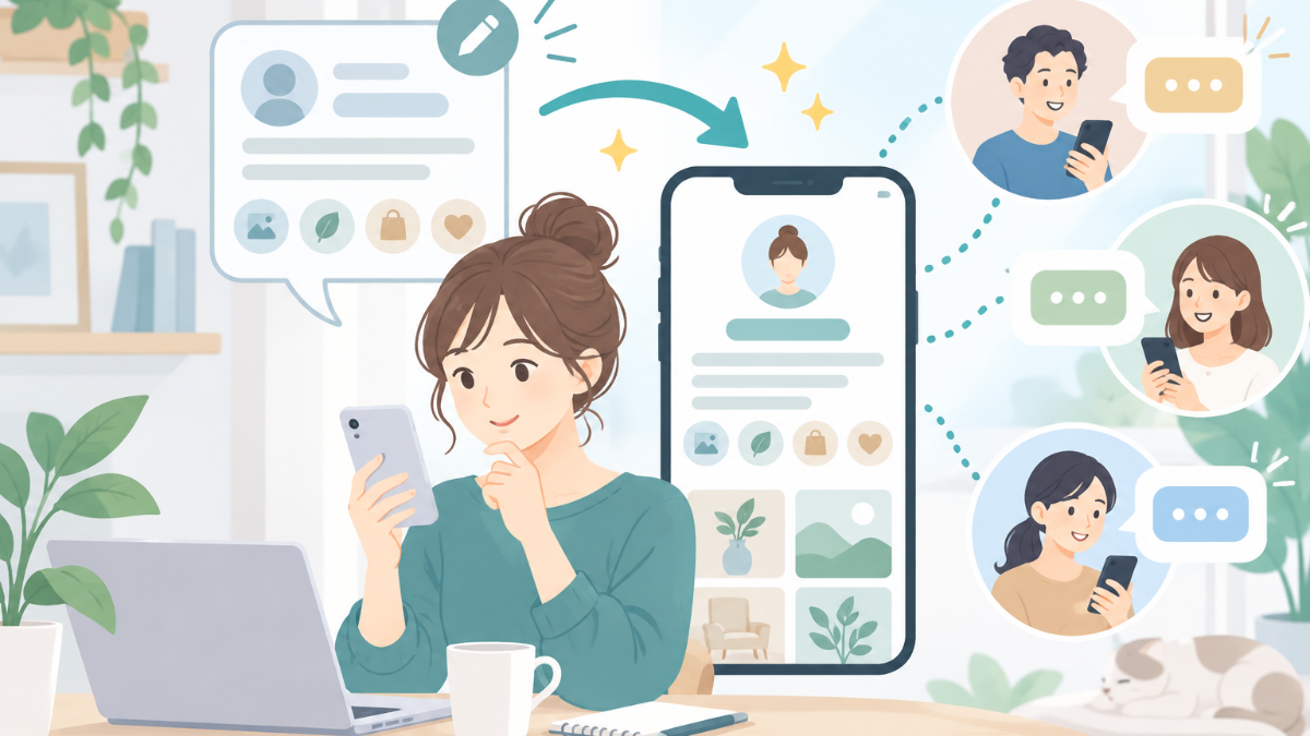 スマホでインスタのプロフィール画面を開き、自己紹介文を書き直している女性のイラスト