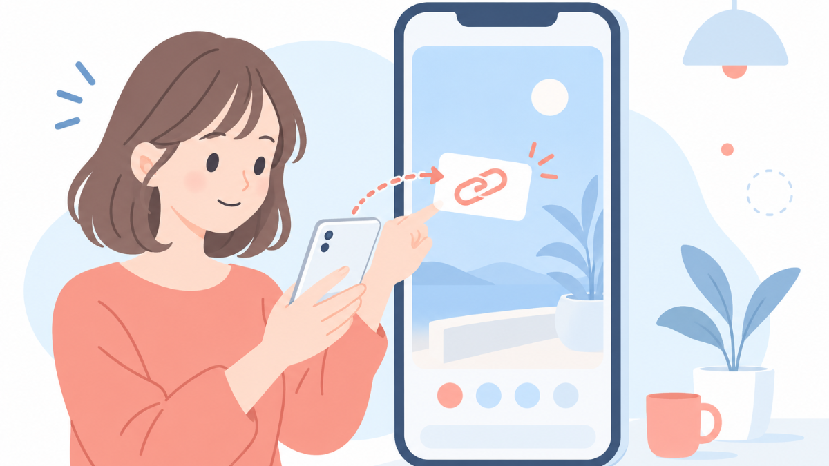 スマホでストーリーズの編集画面を開き、リンクスタンプに「ご予約はこちら」と入力している手元のイラスト