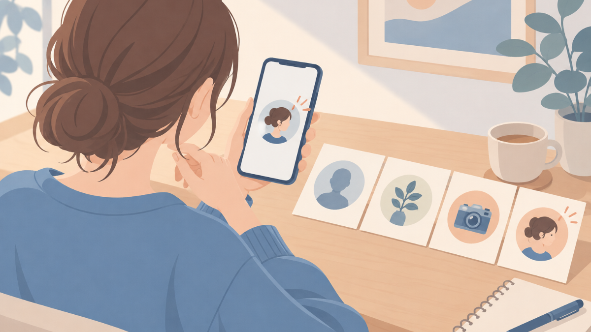 丸いアイコン枠の中に、ロゴ・似顔絵・手元の写真などを当てはめて比べているイラスト