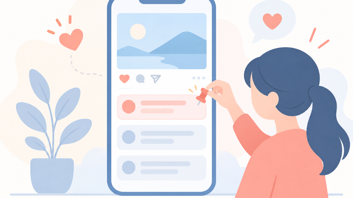 スマホのコメント欄で、1件のコメントを左にスワイプしてピン留めしている様子のイラスト