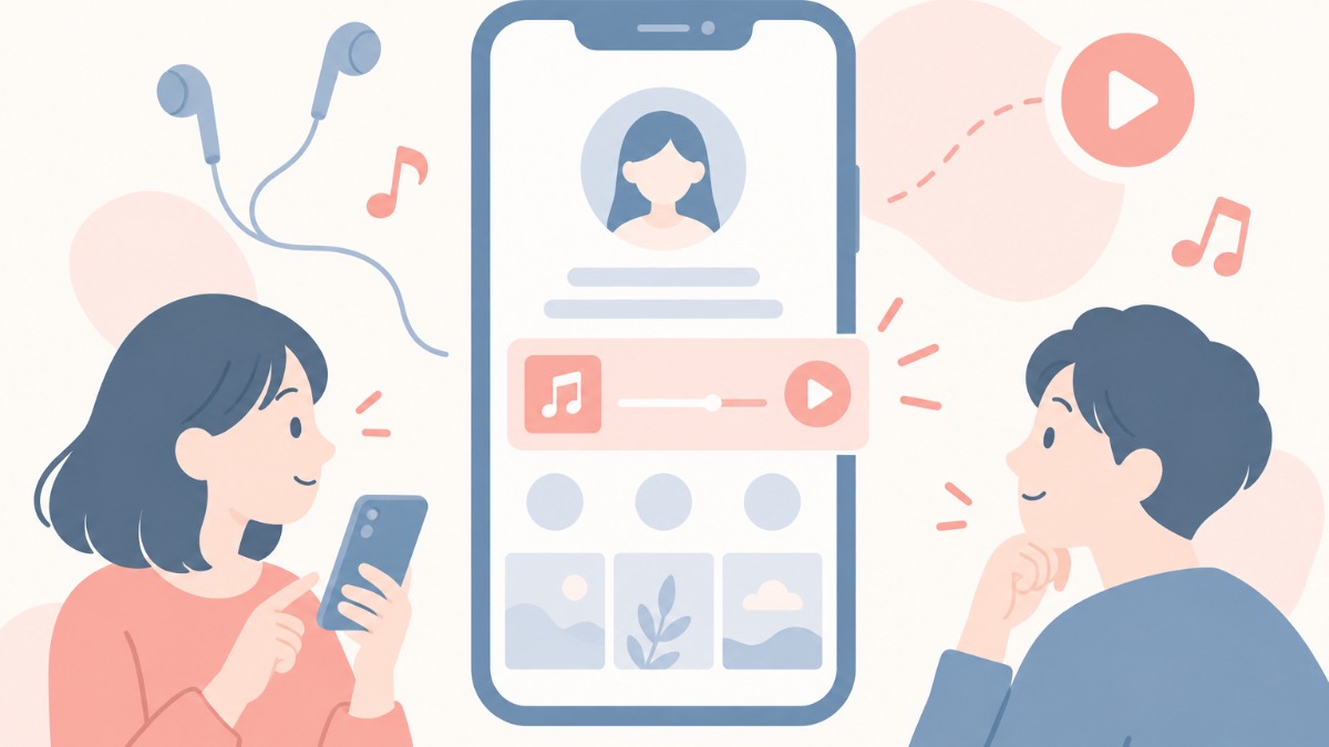 スマートフォンでインスタのプロフィール編集画面を開き、曲を検索して再生範囲を選んでいるイラスト