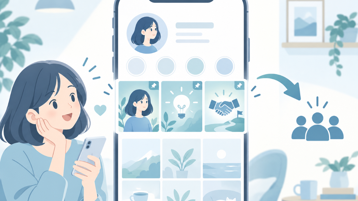 スマートフォンでインスタのプロフィール上部の3枠に、自己紹介・人気投稿・サービス紹介を並べているイラスト