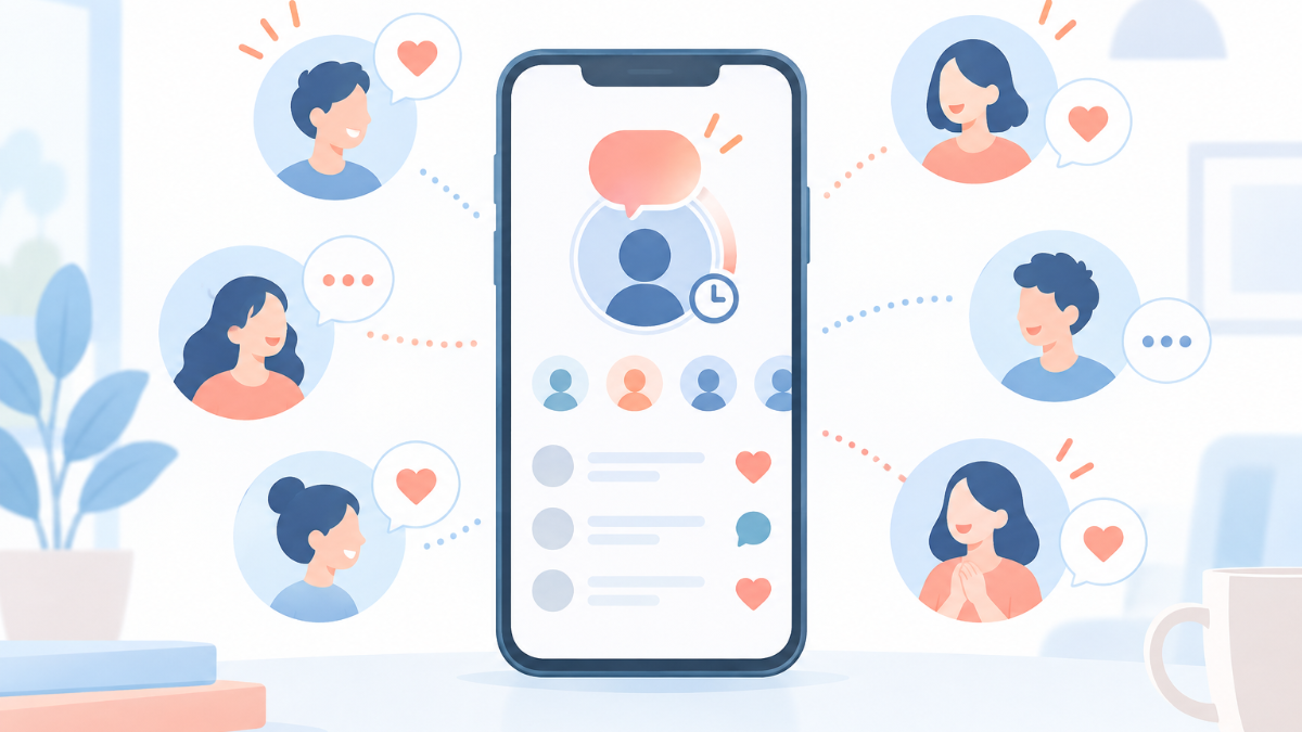 スマートフォンでインスタのDM画面を開き、いちばん上の自分のアイコンにノートの吹き出しを追加しているイラスト
