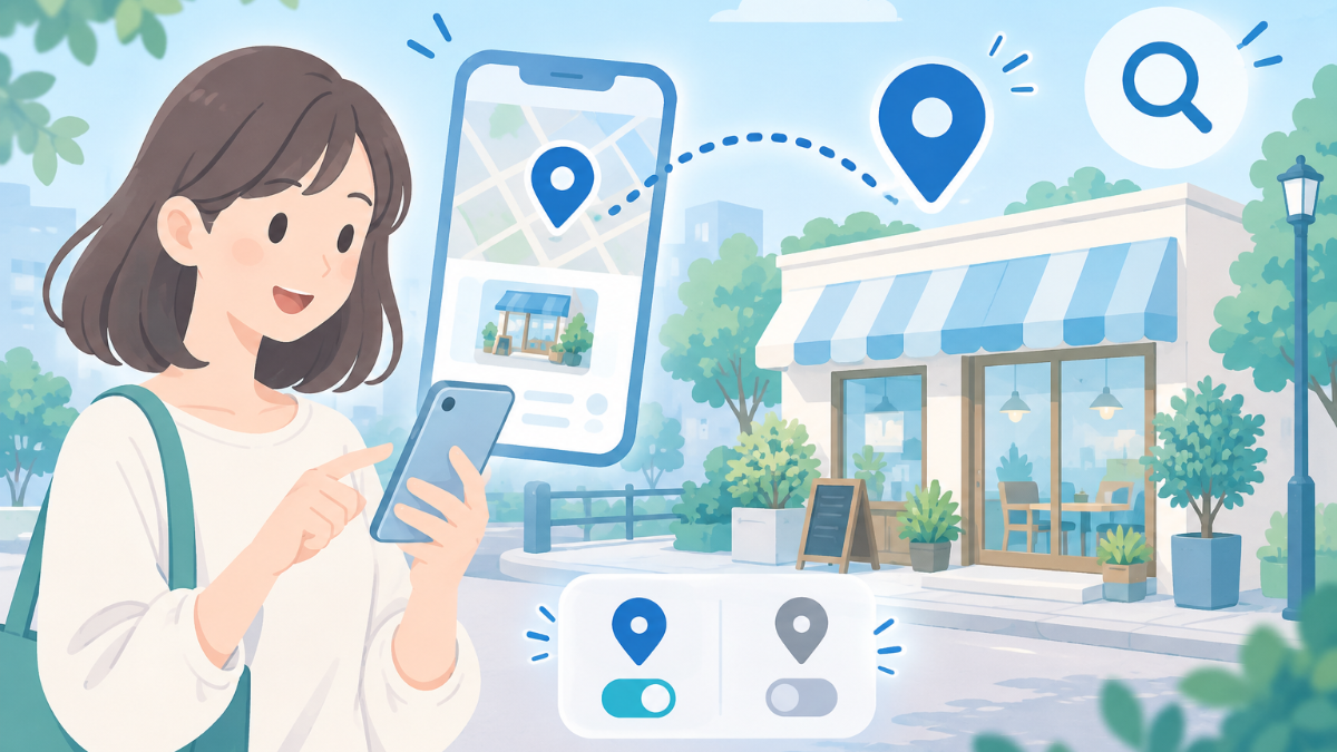 スマートフォンでインスタの投稿作成画面を開き、「場所を追加」からお店の名前を検索して選んでいるイラスト