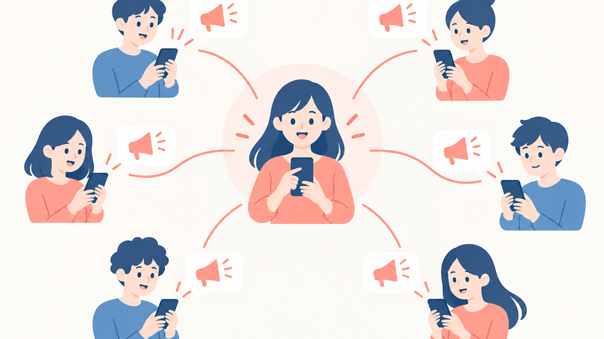 スマートフォンでインスタのDM画面から「ブロードキャストチャンネルを作成」を選び、チャンネル名と説明を入力しているイラスト