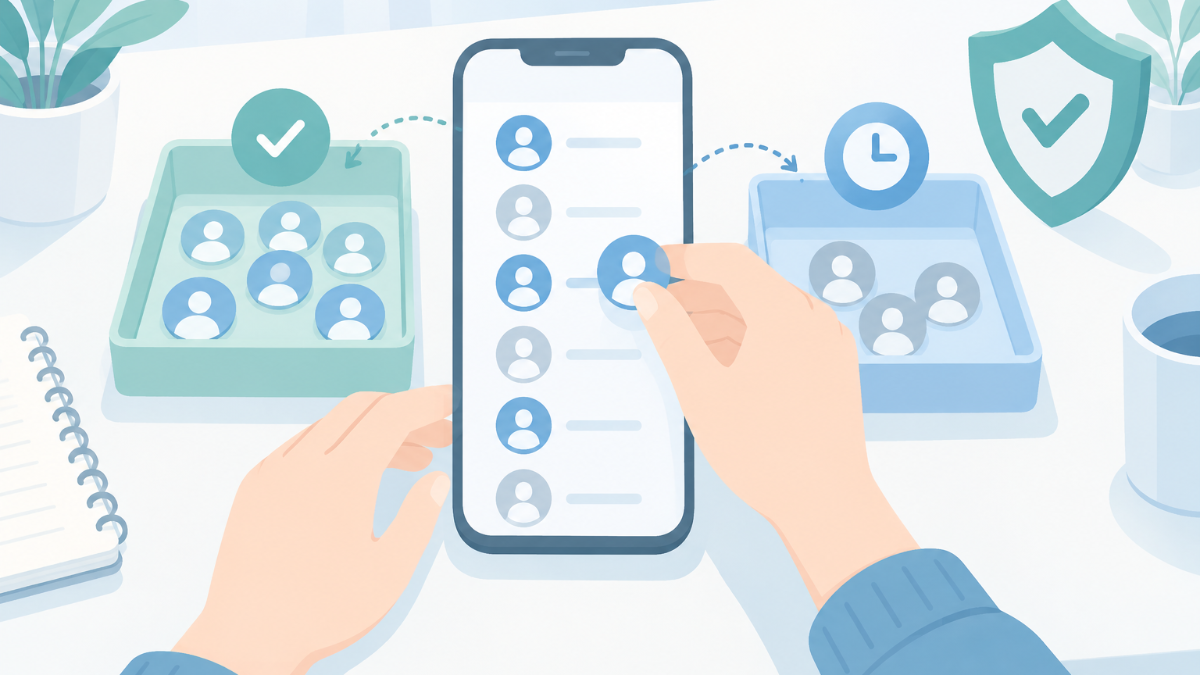 スマートフォンでインスタのフォロー中の一覧を「フォローした日が古い順」に並べ替えて確認しているイラスト