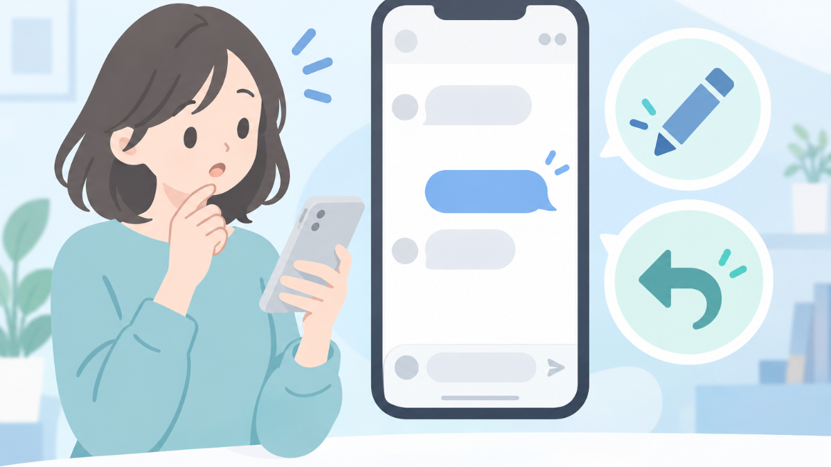 スマートフォンでインスタのDM画面のメッセージを長押しし、「編集」と「送信取り消し」のメニューが出ているイラスト