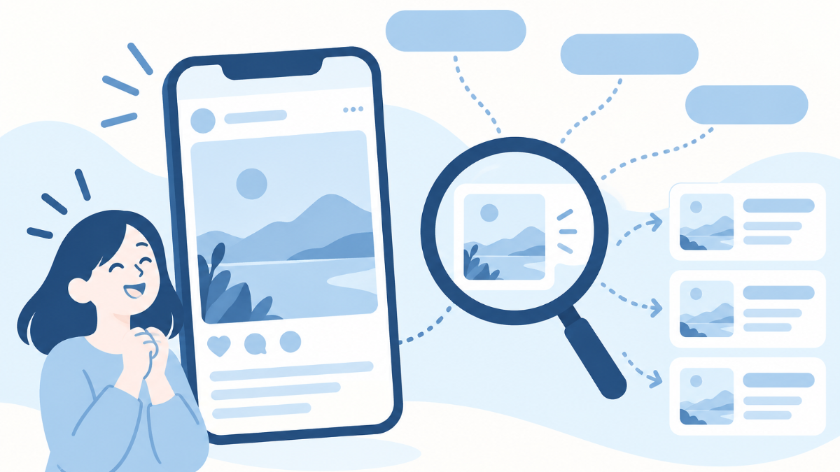 スマートフォンでインスタの投稿文を書きながら、地名・職業・悩みのキーワードを自然な文章に入れているイラスト