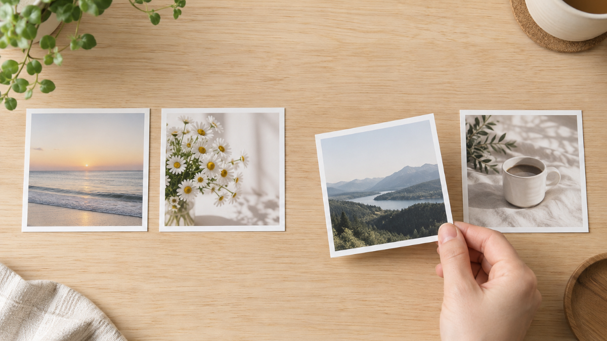 明るい木の机に、印刷した写真を数枚並べて順番を入れ替えている手元