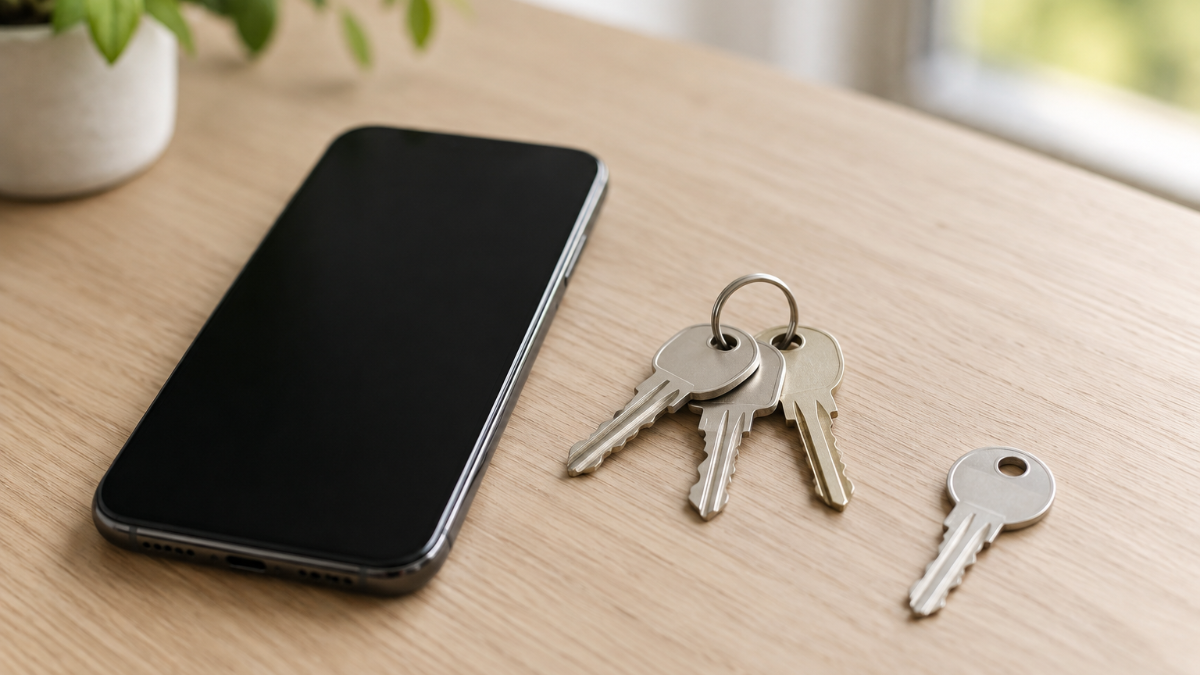スマートフォンの設定画面のようなアイコンが並ぶリストを、指でスクロールして確認している手元
