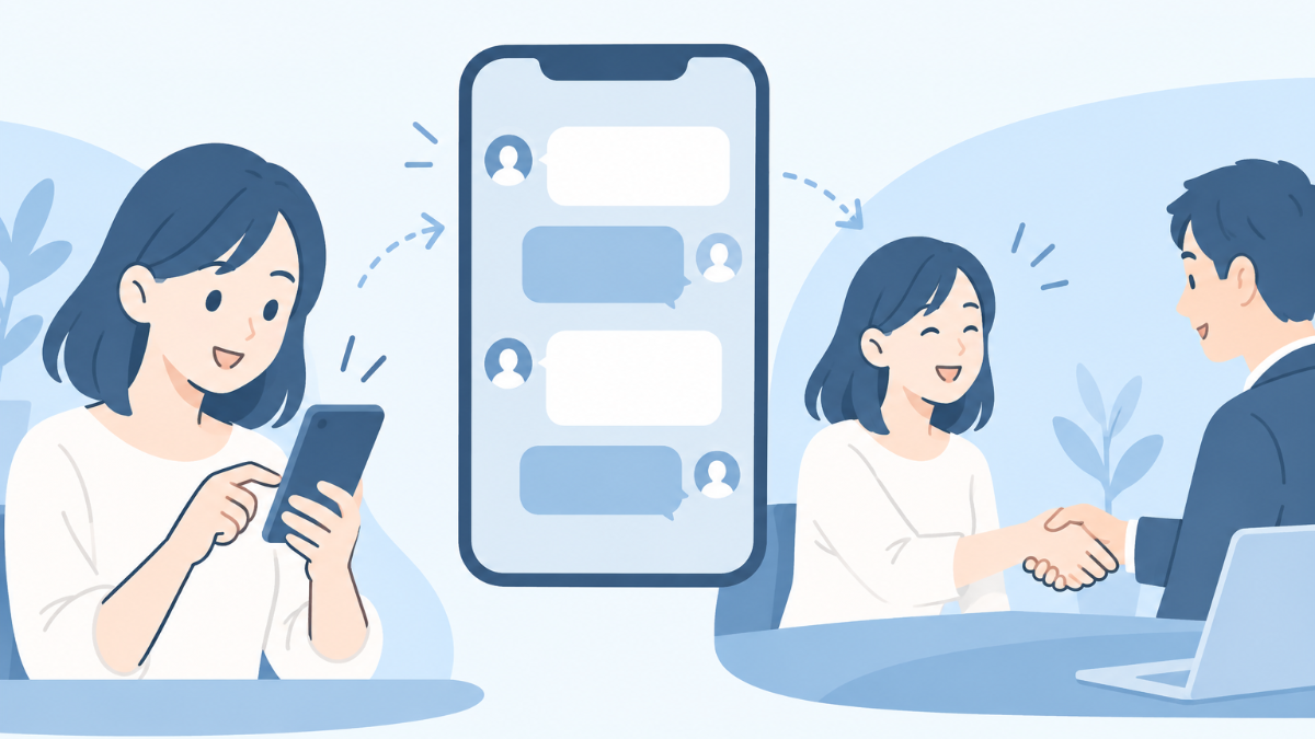 スマートフォンでDM画面を開き、問い合わせへの返信メッセージを入力しているイラスト