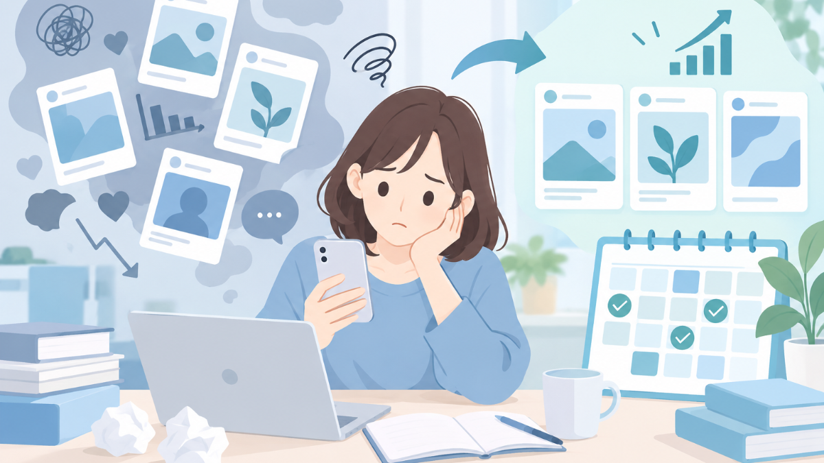 スマートフォンでインスタのプロフィール設定画面を見ながら、チェックリストを確認しているイラスト