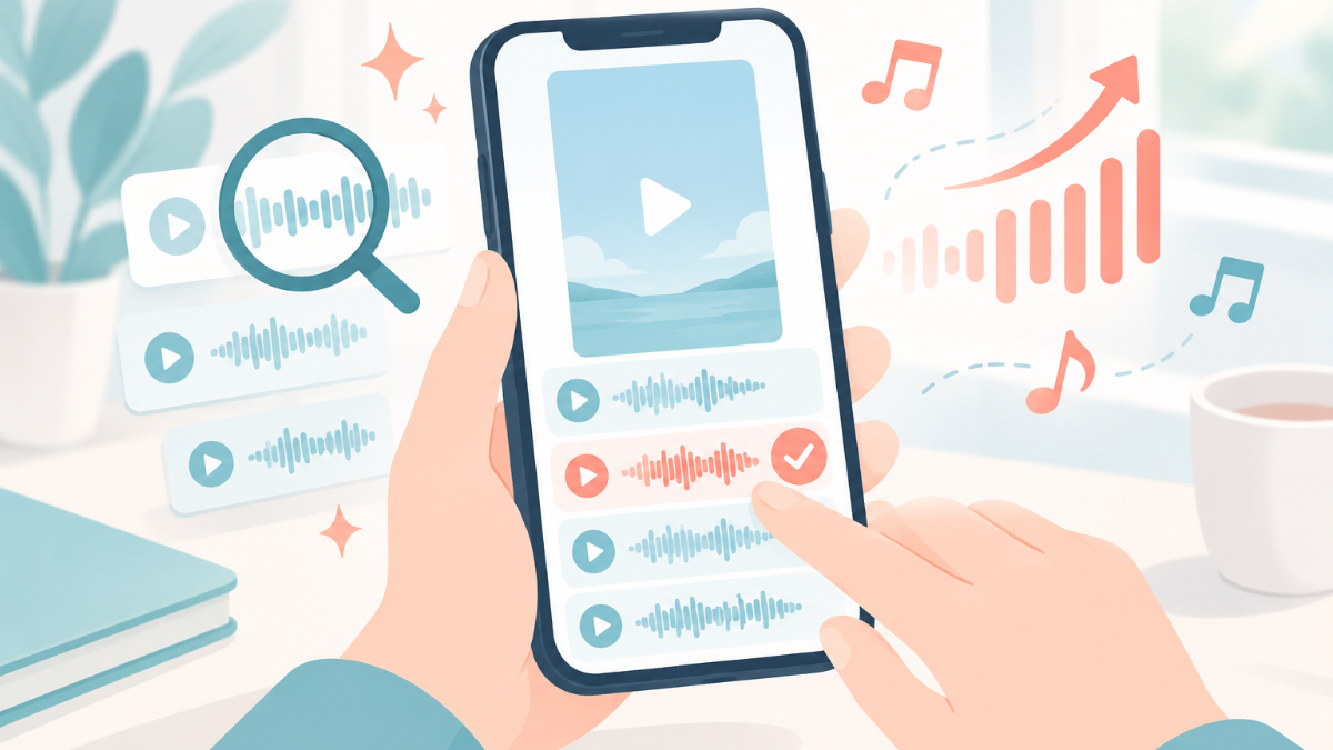 スマートフォンでリールの音源一覧を見ながら、急上昇マークのついた曲を選んでいるイラスト