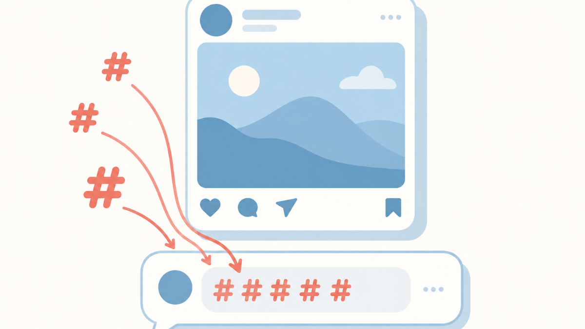 スマートフォンでインスタの投稿のコメント欄に、ハッシュタグをまとめて書き込んでいるイラスト
