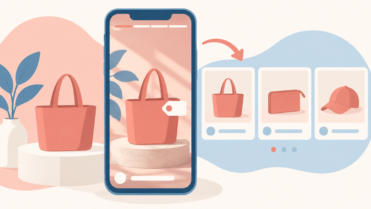 スマートフォンでストーリーズの写真に商品タグのスタンプを配置しているイラスト