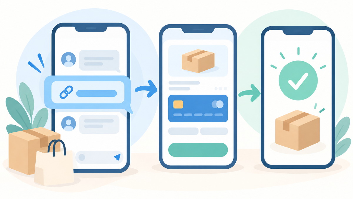 スマートフォンのDM画面で、決済リンクのURLを送信しているイラスト
